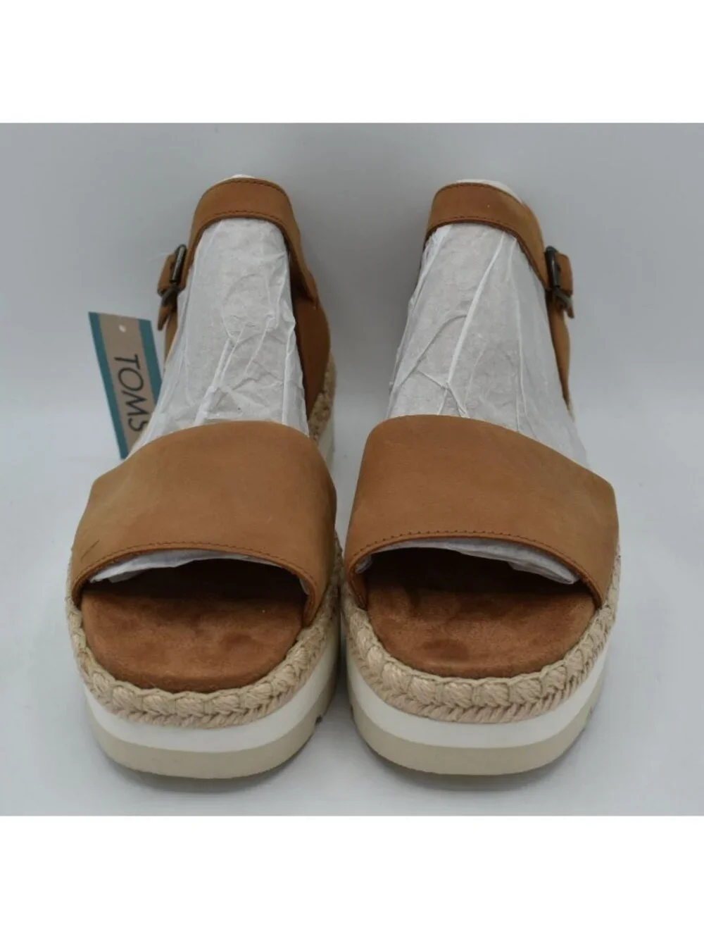 TOMS‎ Womens Size 8.5 Ronan Tan Leather Espadrille Platform Sandals Shoes